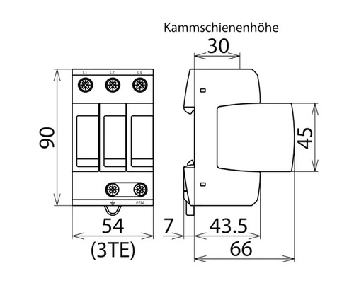 Technische Zeichnung eines dreiphasigen Überspannungsableiters mit Maßangaben
