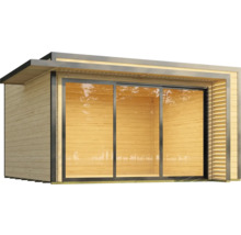 Modernes Gartenhaus mit Schiebetür und Holzverkleidung