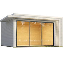 Modernes Gartenhaus mit Schiebetür und Holzverkleidung