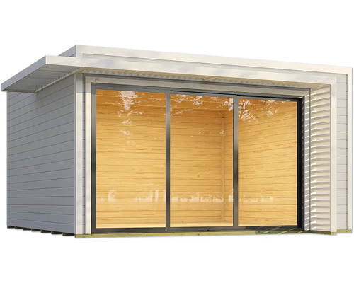 Modernes Gartenhaus mit Schiebetür und Holzverkleidung