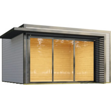 Modernes Gartenhaus mit Schiebetür und Lamellenwand