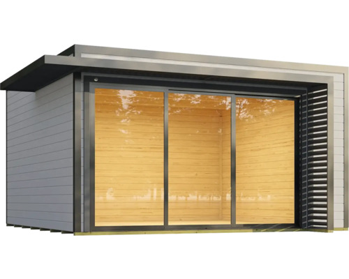 Modernes Gartenhaus mit Schiebetür und Lamellenwand