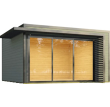 Modernes Gartenhaus mit Schiebetür und Holzverkleidung