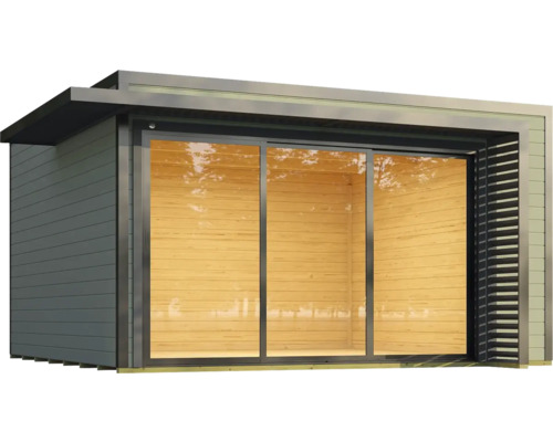 Modernes Gartenhaus mit Schiebetür und Holzverkleidung
