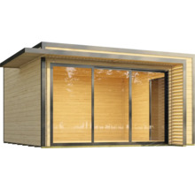 Holzgartenhaus mit Schiebetür aus Glas