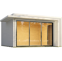 Modernes Gartenhaus mit großen Glasschiebetüren und Holzverkleidung