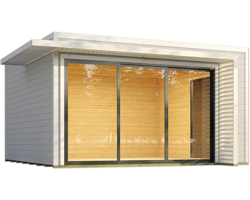 Modernes Gartenhaus mit großen Glasschiebetüren und Holzverkleidung