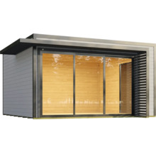 Modernes Gartenhaus mit Schiebetür und Holzverkleidung