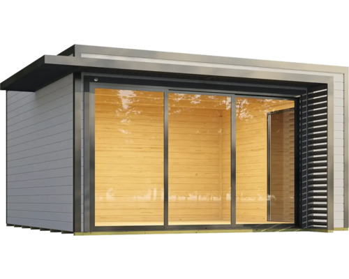 Modernes Gartenhaus mit Schiebetür und Holzverkleidung