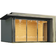 Gartenhaus mit Schiebetür und Holzverkleidung