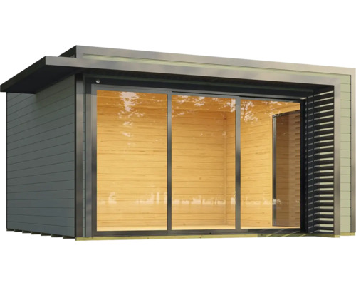 Gartenhaus mit Schiebetür und Holzverkleidung