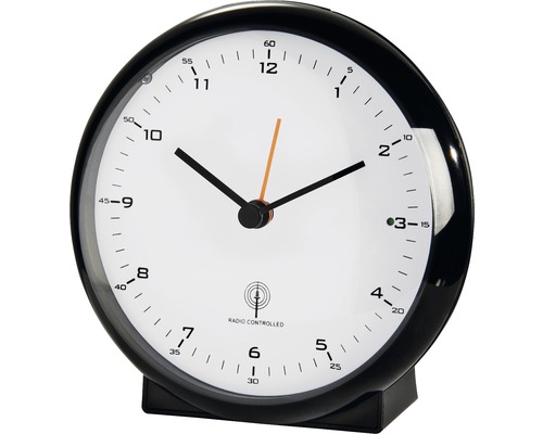 Funkwecker Analog Elegance Pro mit Minutenanzeige geräuschlos schwarz 10,5x10,5 cm Analoger Funkwecker mit schwarzem Gehäuse und weißem Zifferblatt