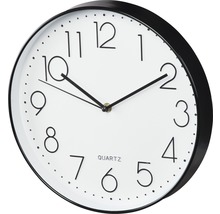 Analoge Wanduhr mit schwarzem Rahmen und weißem Zifferblatt