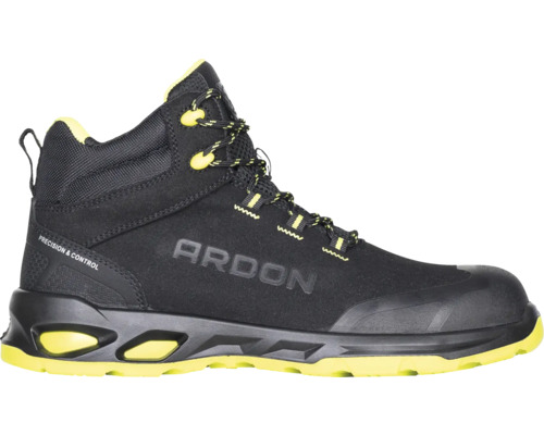 Schwarzer Arbeitsstiefel der Marke Ardon mit gelben Akzenten.