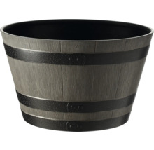 Pflanzgefäß in Holzoptik mit dekorativen Zierbändern