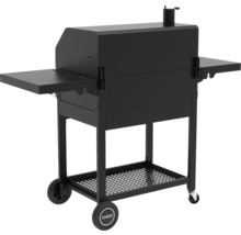 Schwarzer Holzkohlegrill mit Ablageflächen und Rädern