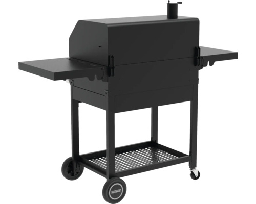 Schwarzer Holzkohlegrill mit Ablageflächen und Rädern