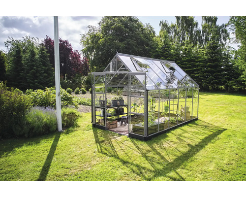 Gewächshaus im Garten mit Pflanzenregal und geöffneten Fenstern