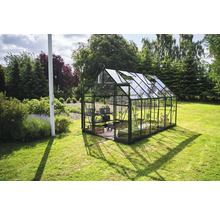 Gewächshaus im Garten mit geöffneten Fenstern zur Belüftung.