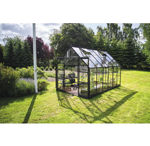 Gewächshaus aus Glas und Metall im Garten.