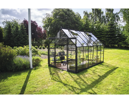 Gewächshaus aus Glas und Metall im Garten.