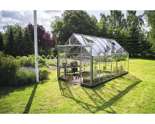 Gewächshaus im Garten mit Regalen und Pflanzen