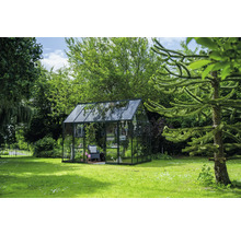 Gewächshaus aus Glas im Garten mit grüner Rasenfläche