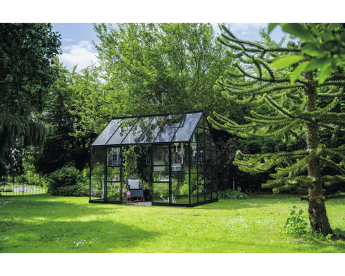 Gewächshaus aus Glas und Metall im Garten