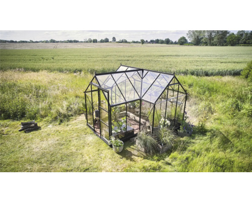 Gewächshaus im Garten mit Pflanzen und Holz