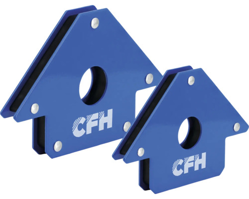 Zwei blaue magnetische Schweißwinkel mit dem CFH Logo