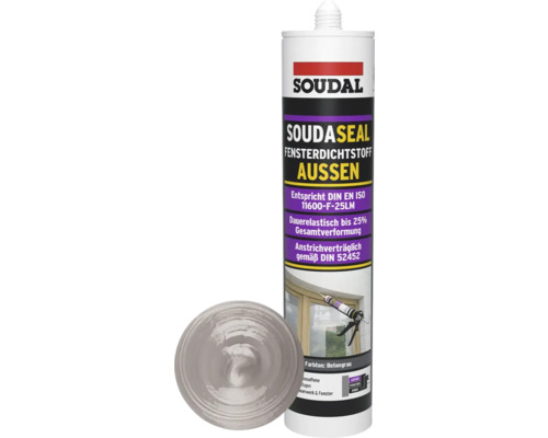 Soudal Soudaseal Fensterdichtstoff Außen Betongrau mit geöffnetem Deckel