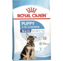 Royal Canin Logo. Verpackung Hunde-Trockenfutter Puppy Maxi für Welpen von 2 bis 15 Monaten mit einem Endgewicht von 26 bis 44 Kilogramm.