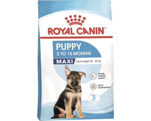 Royal Canin Logo. Verpackung Hunde-Trockenfutter Puppy Maxi für Welpen von 2 bis 15 Monaten mit einem Endgewicht von 26 bis 44 Kilogramm.