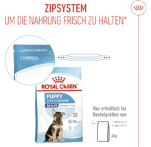 Royal Canin Puppy Maxi Hundefutter mit Zippersystem zur Frischhaltung der Nahrung. Nur für Beutelgrößen von 4 Kilogramm erhältlich.