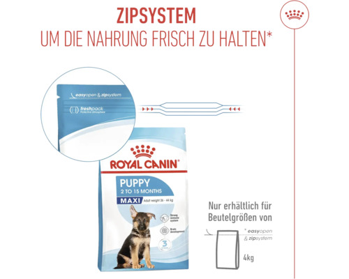 Royal Canin Puppy Maxi Hundefutter mit Zippersystem zur Frischhaltung der Nahrung. Nur für Beutelgrößen von 4 Kilogramm erhältlich.