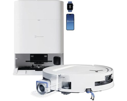 Saugroboter mit Absaugstation, Smartphone und Smartwatch