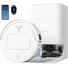 Ecovacs Saugroboter mit Absaugstation, Smartphone und Smartwatch
