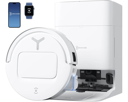Ecovacs Saugroboter mit Absaugstation, Smartphone und Smartwatch