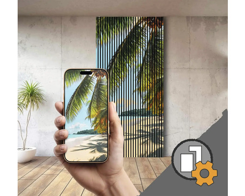 Handy mit Foto von Strand vor Lamellenbild