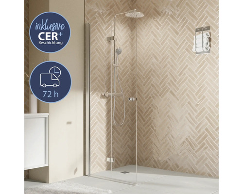 Walk In mit Drehfalttür BREUER Elana 2.0 Express Q72 Profil rund 100 x 200 cm Profil silber matt Klarglas schmutzabweisende Glasbeschichtung Türanschlag links Puffergriff Duschkabine mit Duscharmatur und CER Plus Beschichtung, Lieferzeit 72 Stunden
