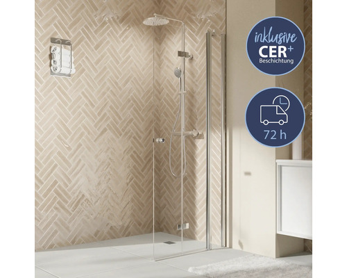 Walk In mit Drehfalttür BREUER Elana 2.0 Express Q72 Profil rund 100 x 200 cm Profil silber matt Klarglas schmutzabweisende Glasbeschichtung Türanschlag rechts Puffergriff Begehbare Dusche mit CER plus Beschichtung und 72 Stunden Lieferservice