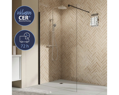 Walk In BREUER Elana 2.0 Express Q72 Profil eckig 140 x 200 cm Profil schwarz matt Klarglas schmutzabweisende Glasbeschichtung Reversibel Begehbare Dusche mit Duscharmatur und Handtuchhalter im Badezimmer