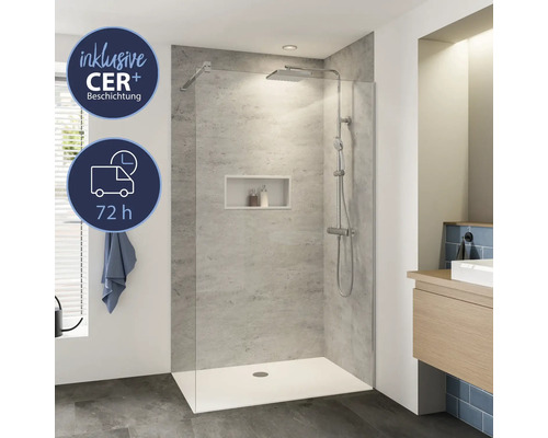 Walk In BREUER Panorama Express Q72 90 x 200 cm Profil chrom Klarglas schmutzabweisende Glasbeschichtung 3 Montagearten Begehbare Dusche mit CER Plus Beschichtung und Lieferzeit 72 Stunden