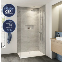 Modernes Badezimmer mit ebenerdiger Dusche, Duschpaneel mit CER+ Beschichtung und 72 Stunden Liefersymbol