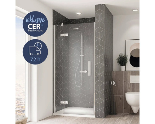 Drehtür in Nische BREUER Ananta Express Q72 90 cm Anschlag links Klarglas Profilfarbe chrom Duschkabine mit CER Plus Beschichtung und 72 Stunden Lieferzeit in einem Badezimmer.