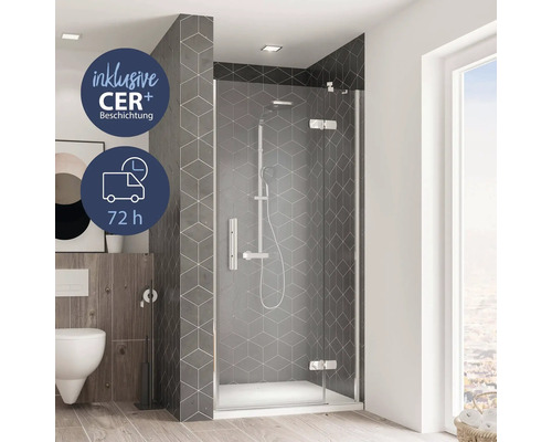 Drehtür in Nische BREUER Ananta Express Q72 90 cm Anschlag rechts Klarglas Profilfarbe chrom Duschkabine mit CER+ Beschichtung und Lieferzeit von 72 Stunden in einem Badezimmer