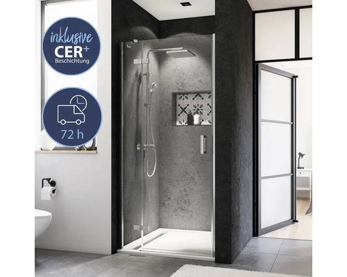 Drehtür in Nische BREUER Panorama Express Q72 Anschlag links Klarglas Profilfarbe chrom Moderne Duschkabine mit Echtglas und CER plus Beschichtung im Badezimmer