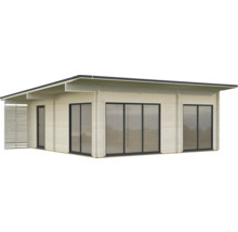 Modernes Gartenhaus aus Holz mit großen Fensterflächen