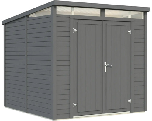 Graues Gartenhaus mit Doppeltür und Oberlicht