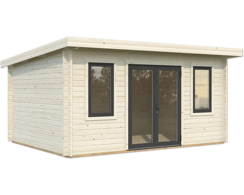 Gartenhaus aus Holz mit Fenstern und Doppeltür